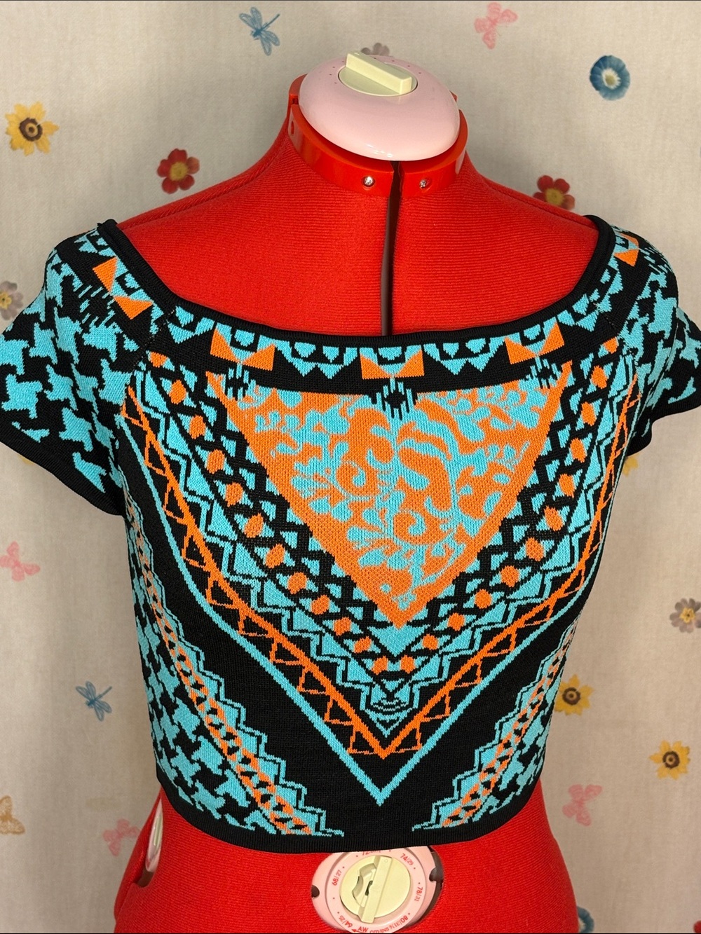 Jealous Tomato - Black Stretch Crop Top with Turquoise and Orange Aztec Motif